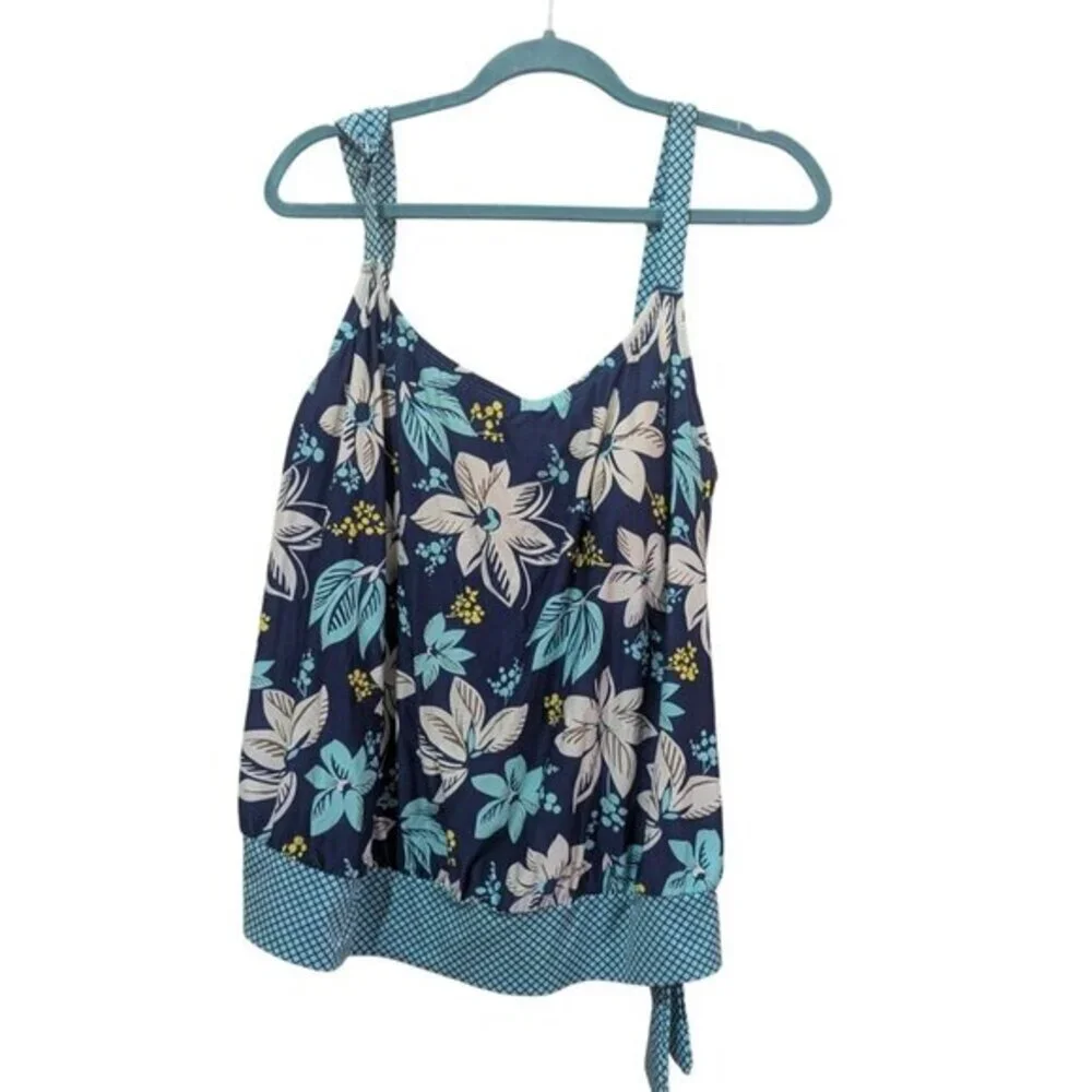 Beach House‎ Woman Floral Tankini Top Navy Blue Turquoise 22W HW12012